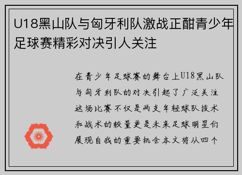U18黑山队与匈牙利队激战正酣青少年足球赛精彩对决引人关注