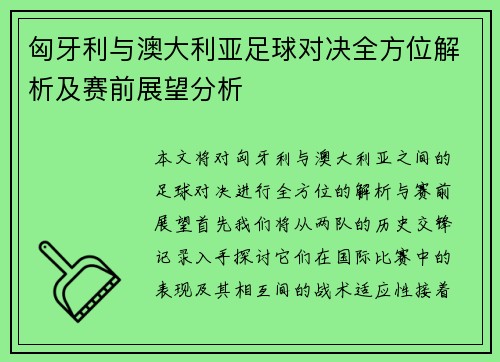 匈牙利与澳大利亚足球对决全方位解析及赛前展望分析